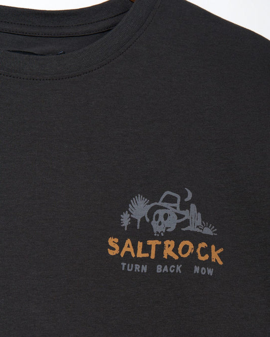 Close-up of a Last Stop Motel - Mens Short Sleeve T-Shirt in Dark Grey with a "Saltrock - turn back now" logo and skull graphics.