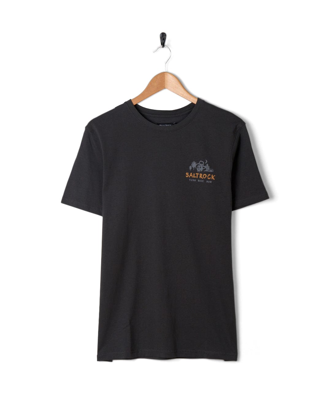 Dark grey Last Stop Motel - Mens Short Sleeve T-Shirt with a small Saltrock branding on the chest, hanging against a white background.