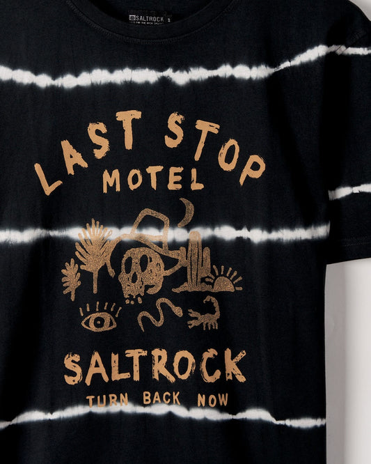Black Last Stop Motel - Mens Short Sleeve Tie Dye T-Shirt - Dark Grey with Saltrock branding turn back now print design, made from 100% Cotton.