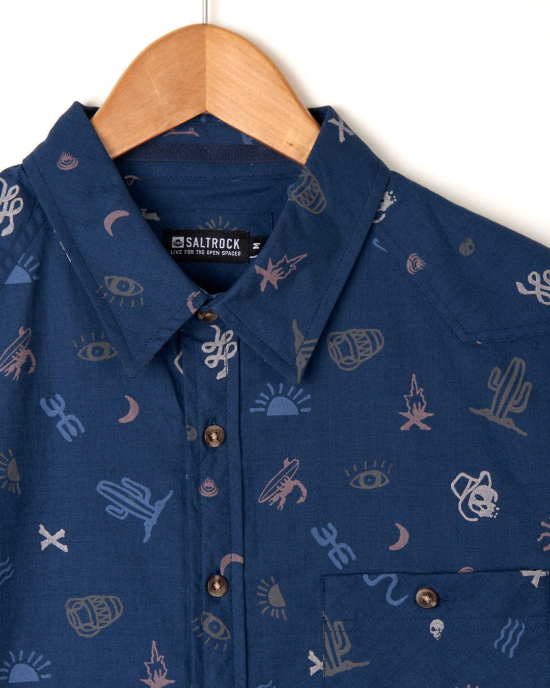 A Saltrock Last Stop - Mens Short Sleeve Shirt - Blue with a cactus print on it.