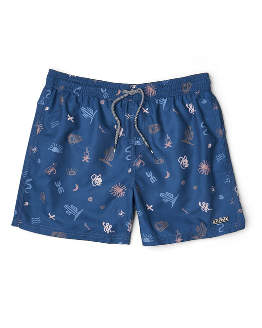 Last Stop - Mens Swimshorts - Blue swim shorts with an all over nautical print featuring anchors, wheels, and starfish, displayed on a white background by Saltrock.