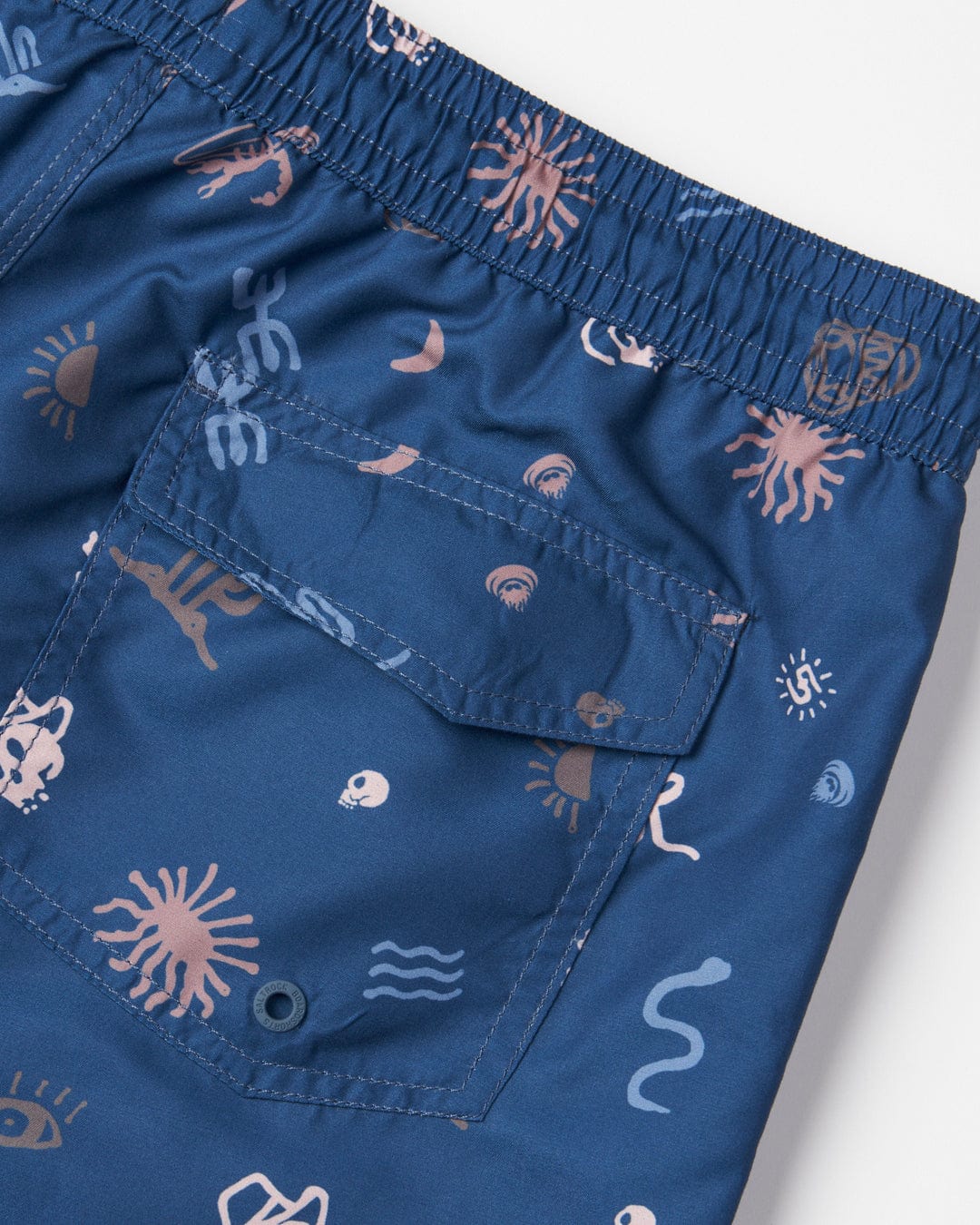 Saltrock Last Stop - Mens Swimshorts - Blue featuring an all-over print of various white sea creatures, with a visible pocket and elasticated waist.