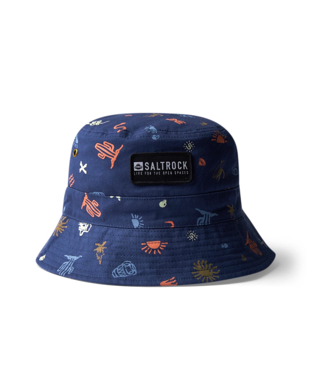 A navy blue Last Stop - Bucket Hat - Blue with a colorful abstract pattern, 100% Cotton fabric, and a distinctive Saltrock nylon badge on the front.
