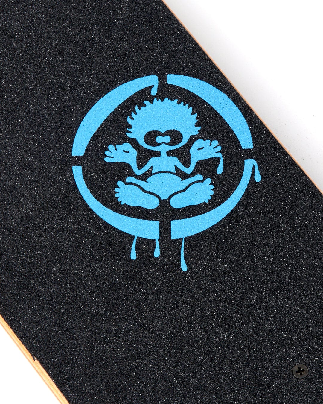 Close-up of a durable Saltrock Las Vegas Smackdown - Skateboard - Green/Blue deck board with black grip tape, featuring a blue/green graphic of a cartoonish figure sitting cross-legged inside a circular design.