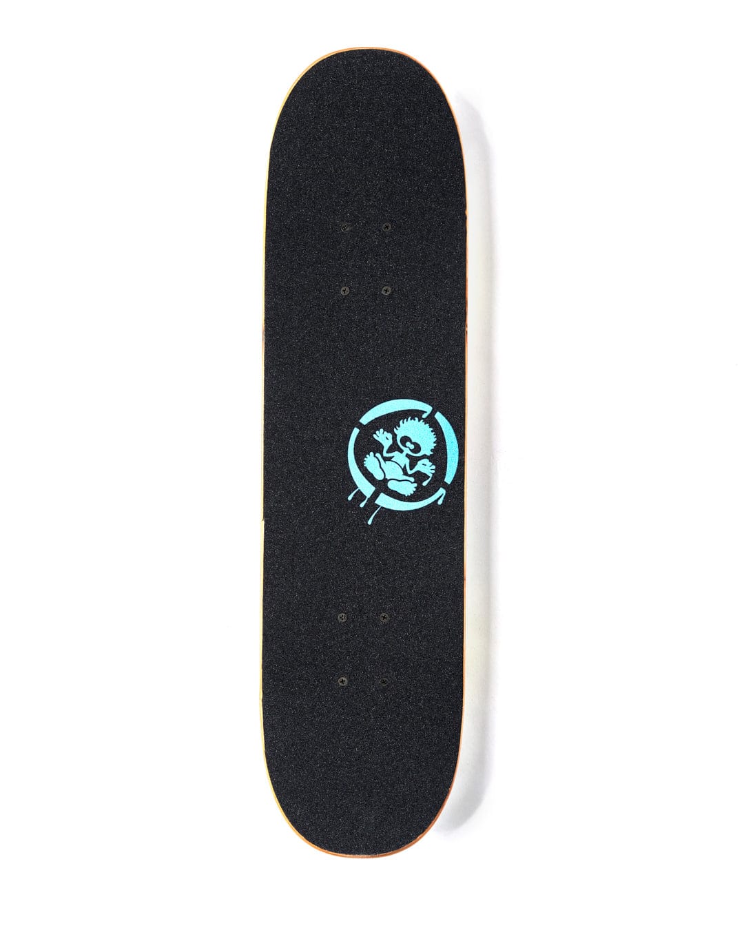 A durable black deck board featuring a blue/green graphic of a cartoon character in the center, the Las Vegas Smackdown - Skateboard - Green/Blue by Saltrock.