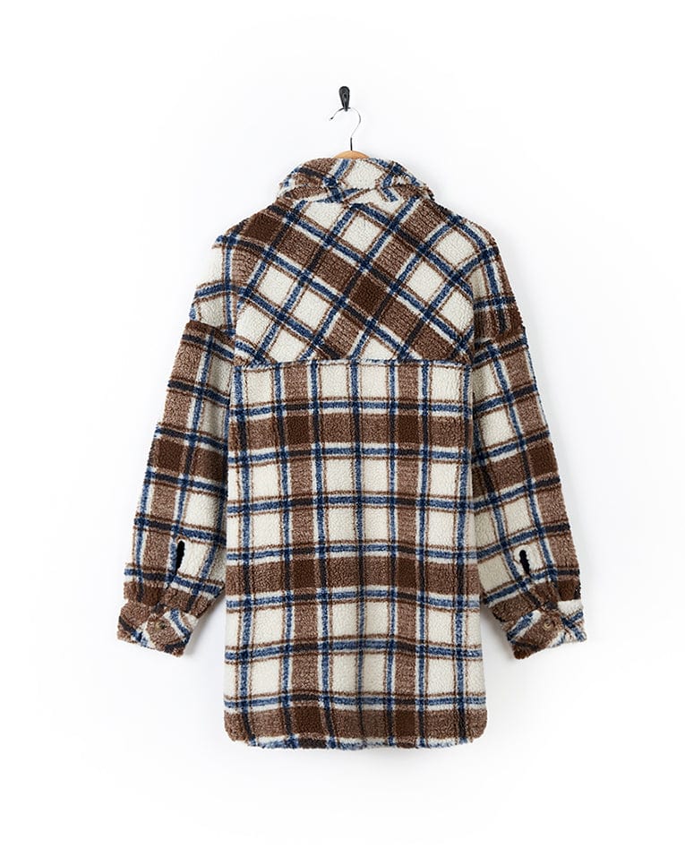 A stylish Laurie - Womens Check Sherpa Fleece Coat in brown and blue plaid, perfect for cold weather, made by Saltrock.