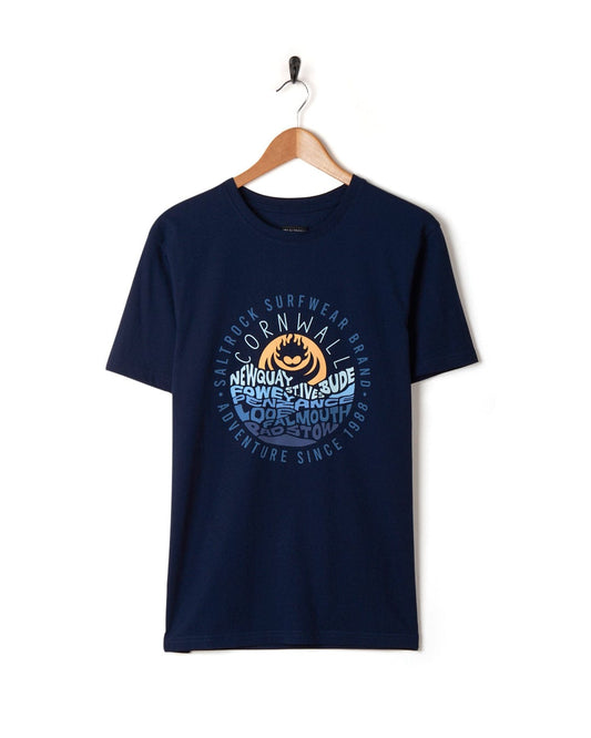 A Layers Cornwall - Mens Short Sleeve T-Shirt - Blue from Saltrock with an image of a surfboard on it.