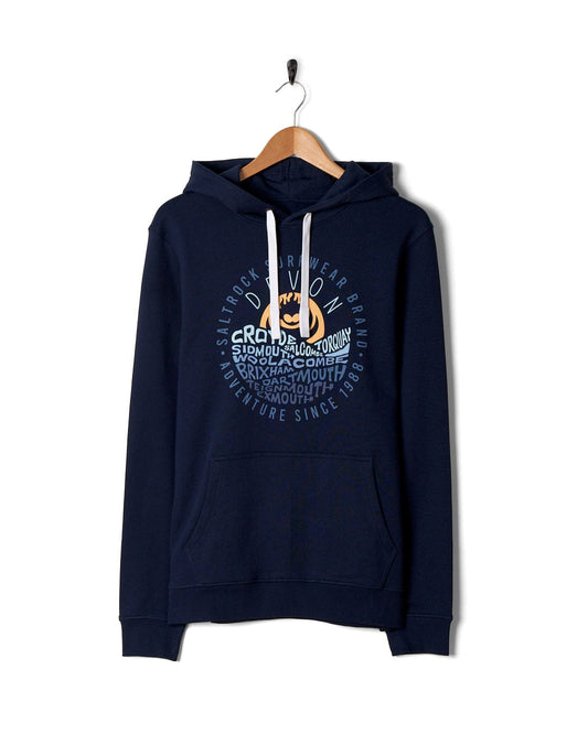 A Saltrock navy Layers Devon - Mens Pop Hoodie with a chest print of the ocean on it.