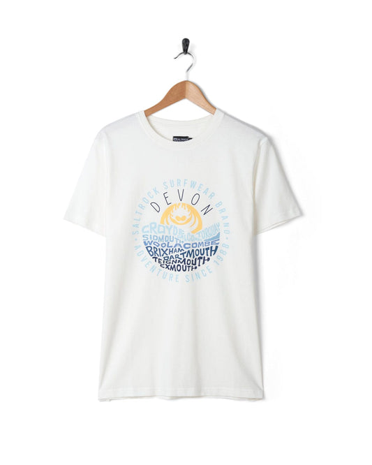 A Layers Devon Men's Short Sleeve T-Shirt in White with an image of the sun on it, made from soft material by Saltrock.