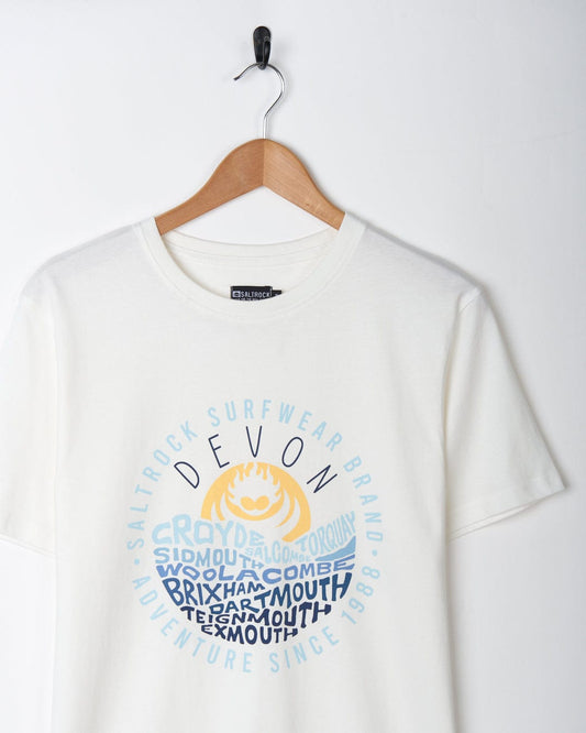 A Layers Devon - Mens Short Sleeve T-Shirt - White with the words Saltrock branding on it.