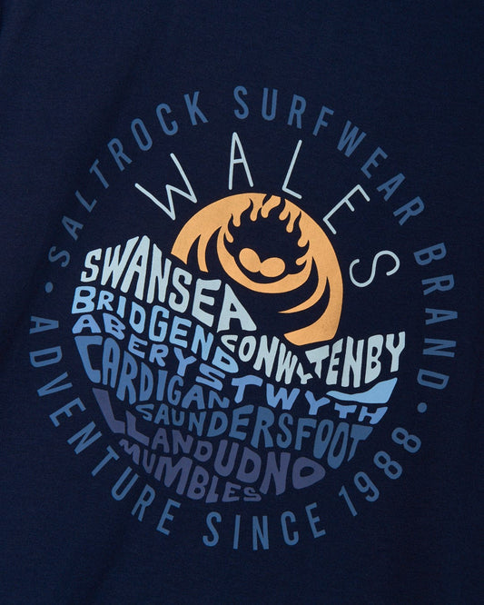 A Layers Wales - Mens Short Sleeve T-Shirt - Blue with the words swansea and wales on it by Saltrock.