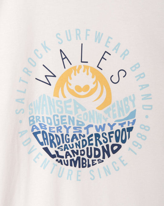 A white Layers Wales - Mens Short Sleeve T-Shirt with the words Wales on it, featuring Saltrock branding.