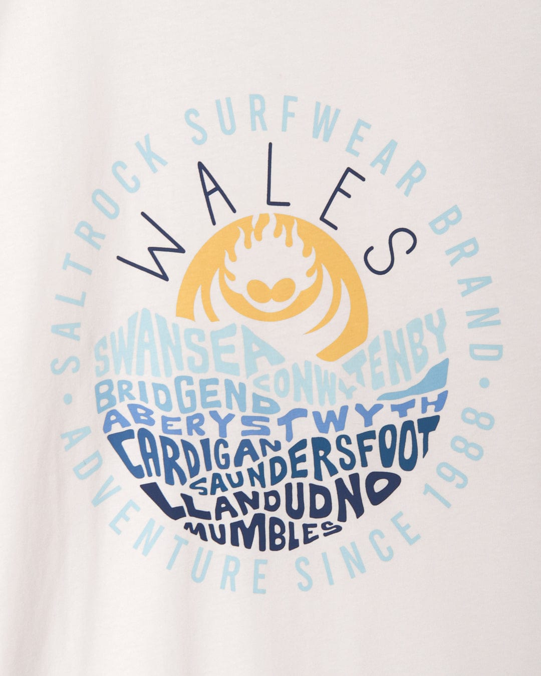 A white Layers Wales - Mens Short Sleeve T-Shirt with the words Wales on it, featuring Saltrock branding.