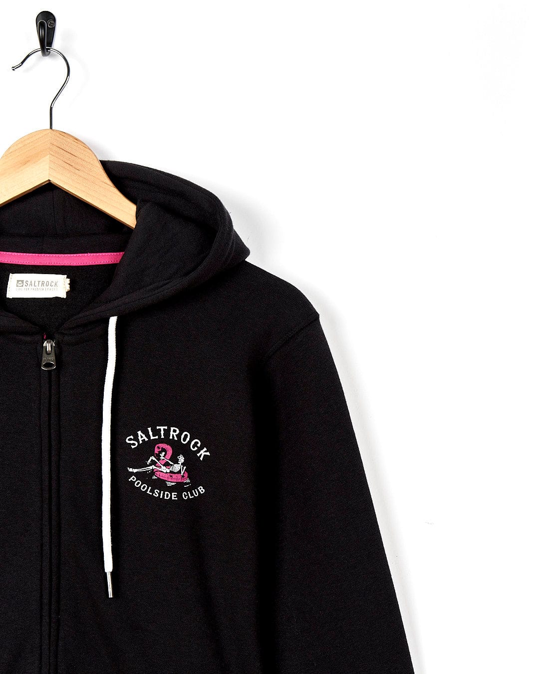 A Lee-Ann - Womens Zip Hoodie - Black with a pink logo on it. Brand Name: Saltrock.