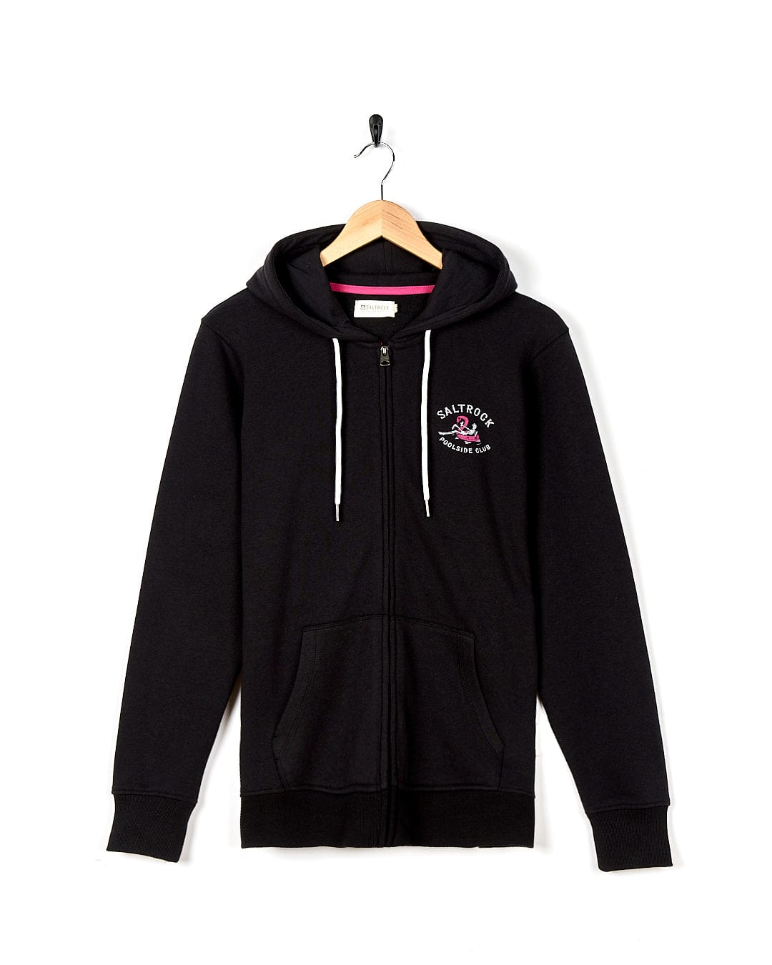 A Lee-Ann - Womens Zip Hoodie - Black with a pink logo on it.