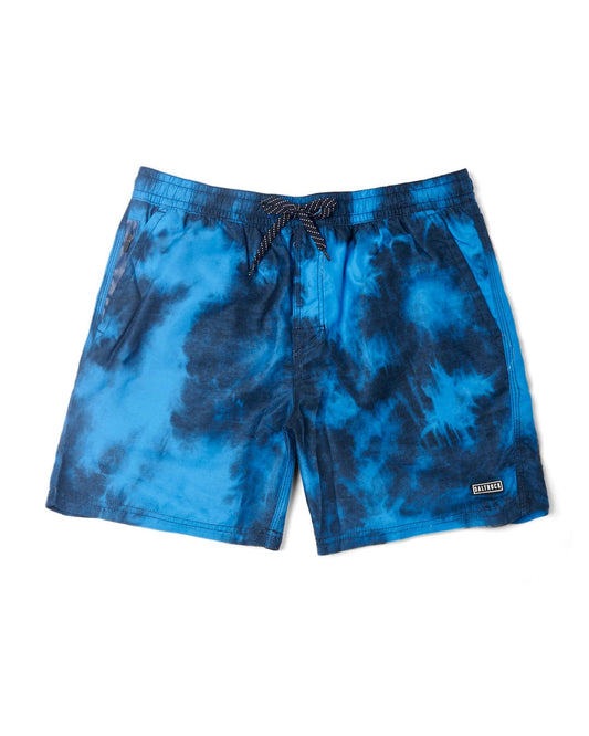 Lee Blue tie-dye print swimshorts with black drawstring and mesh lining, displayed against a white background by Saltrock.
