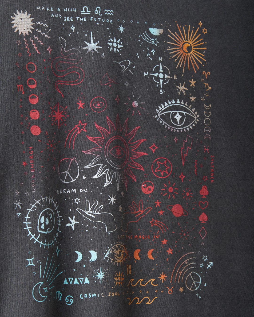 The Saltrock "Let The Magic In" women's oversized T-shirt in washed grey features colorful, mystical graphics and symbols such as a sun, moon, stars, crescent moons, eyes, geometric shapes, and text phrases like "Make a wish and see the future," and "Cosmic soul." This mystical gradient print shirt is crafted from 100% cotton.