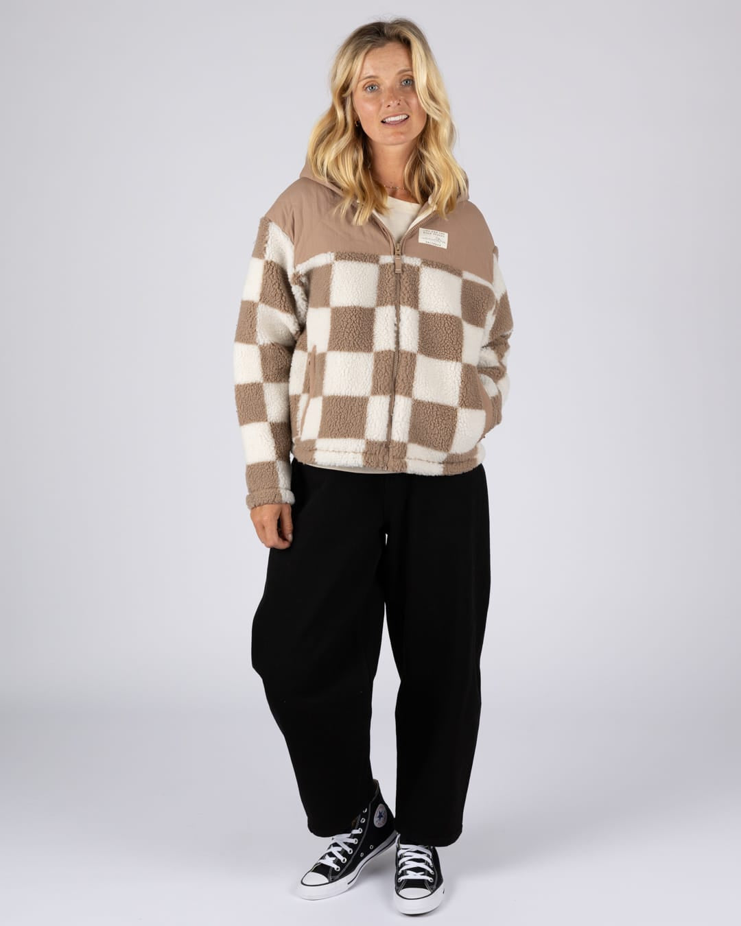 Calla Womens Hooded Chequered Fleece in Brown