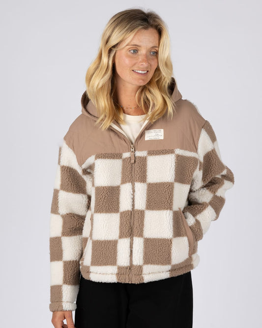 Calla Womens Hooded Chequered Fleece in Brown