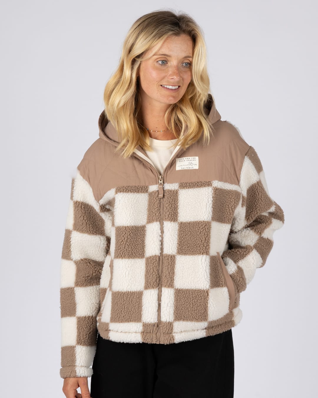 Calla Womens Hooded Chequered Fleece in Brown