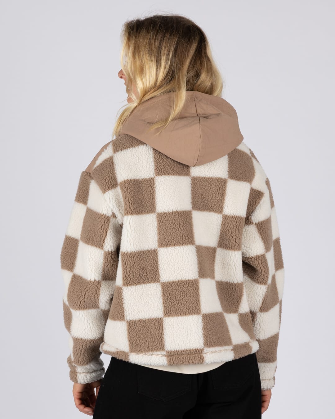 Calla Womens Hooded Chequered Fleece in Brown
