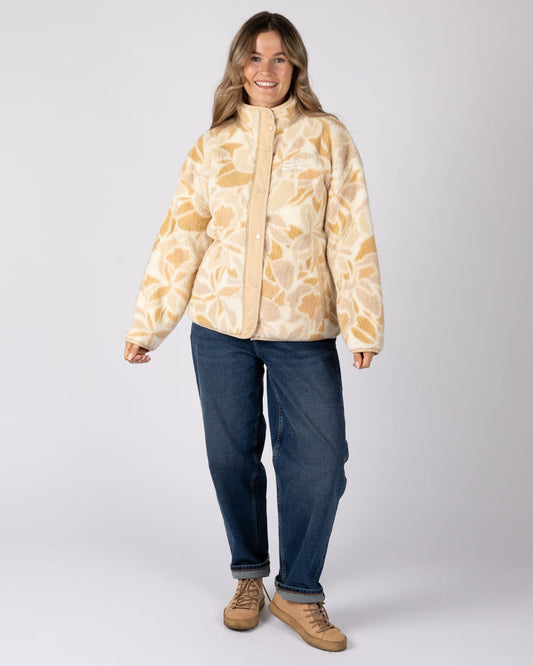 Fleur Womens Zip Through Floral Fleece in Cream