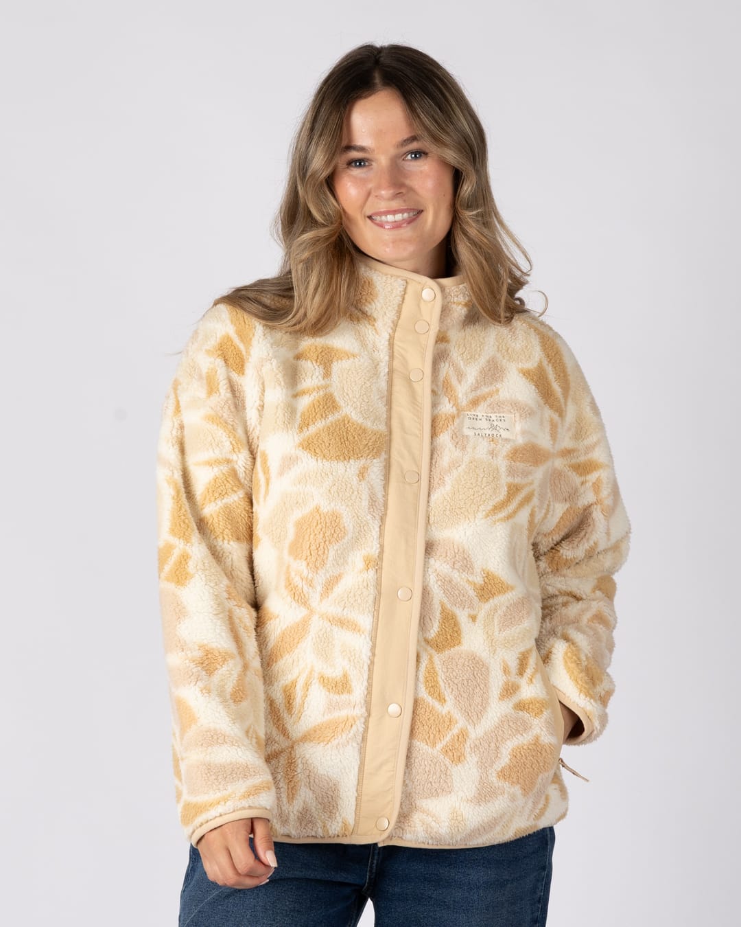Fleur Womens Zip Through Floral Fleece in Cream