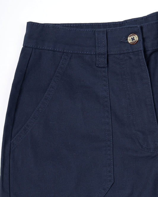 Close-up of a Liesl - Womens Chino Shorts - Blue waistband with a zip & button closure by Saltrock.