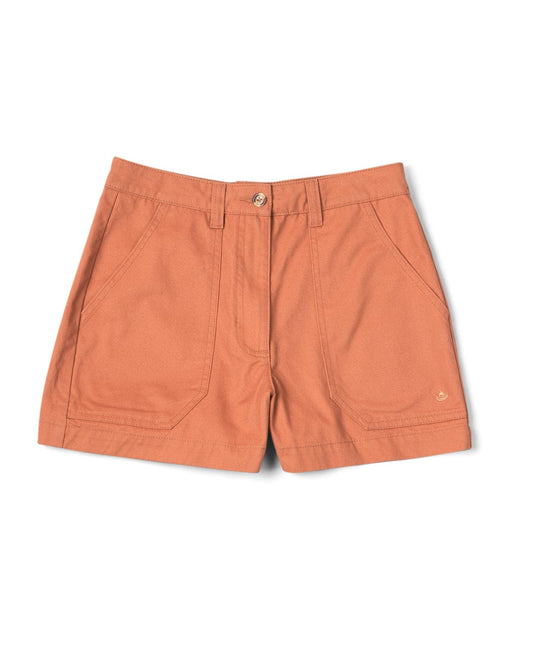 A pair of Saltrock Liesl - Womens Chino Shorts in Burnt Orange with front pockets and a button closure, displayed on a white background.
