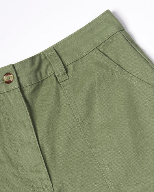 Saltrock's Liesl - Womens Chino Short in Green with a close-up on the waistband and button closure.