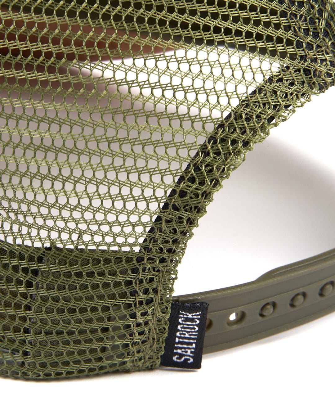 The Lineal embroidered mesh trucker hat in olive green by Saltrock.