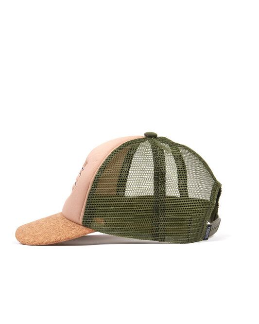 An embroidered Lineal Trucker Cap in cream with a mesh back in green and pink on a white background by Saltrock.