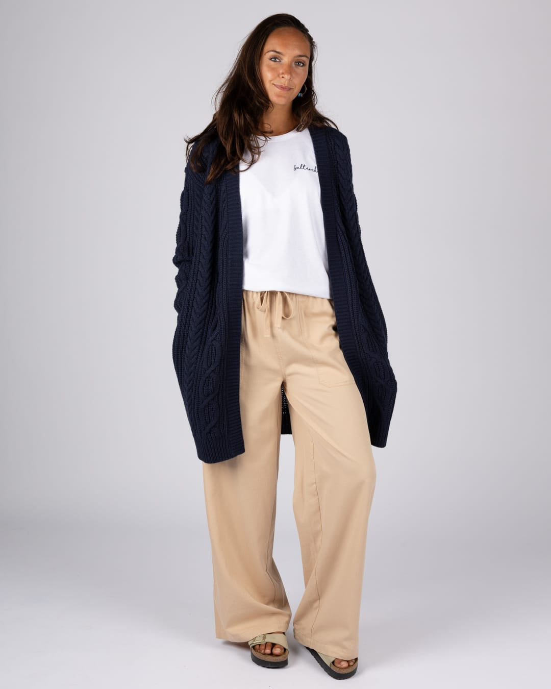 Cable Womens Knitted Longline Cardigan in Blue