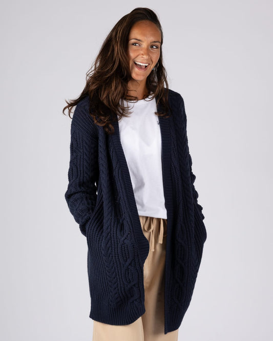 Cable Womens Knitted Longline Cardigan in Blue