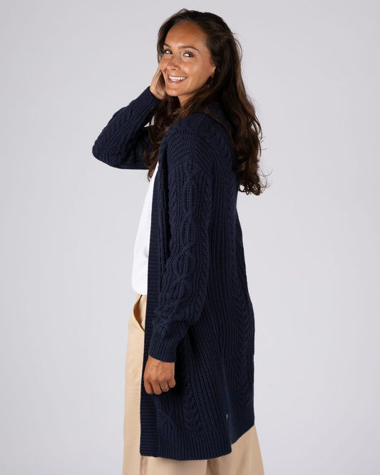 Cable Womens Knitted Longline Cardigan in Blue