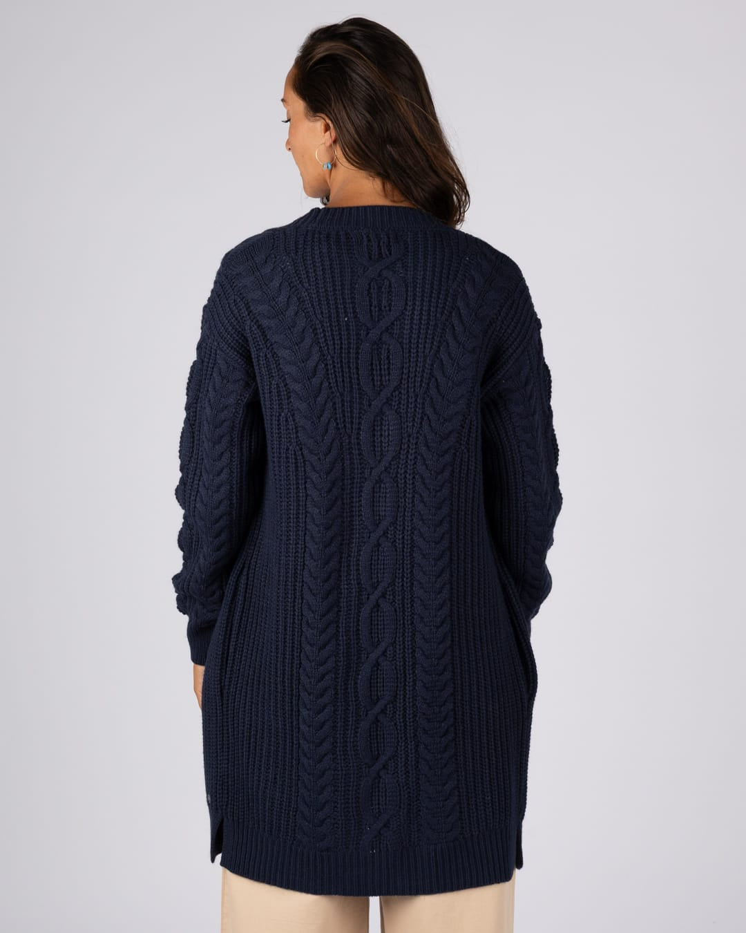 Cable Womens Knitted Longline Cardigan in Blue