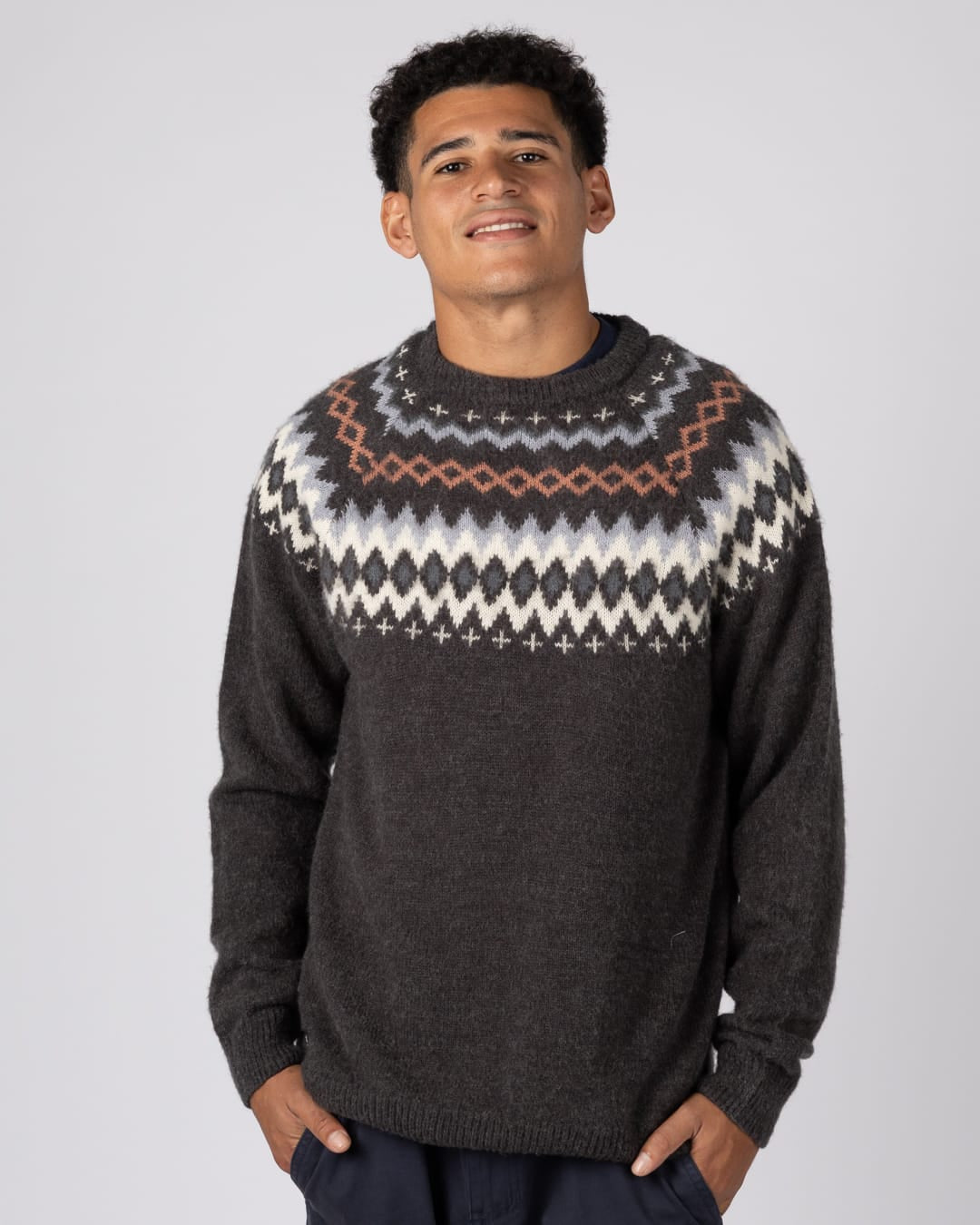 Fairisle Rock Mens Knitted Jumper in Grey