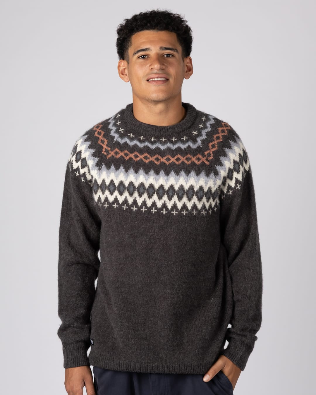 Fairisle Rock Mens Knitted Jumper in Grey