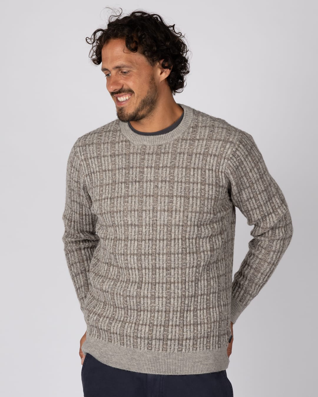Cross Hatch Knitted Mens Jumper in Grey