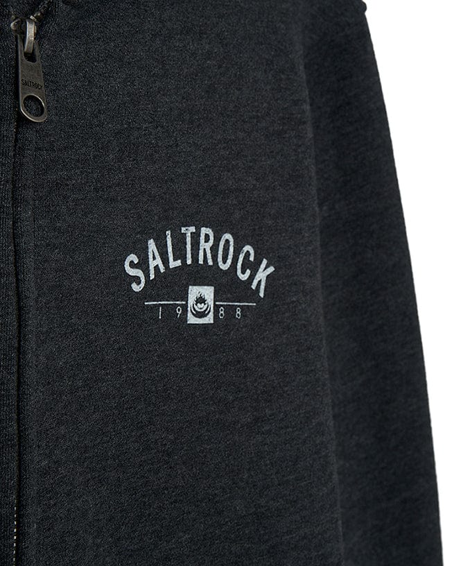 A dark grey Location Zip Hoodie - Tenby with the word Saltrock on it.