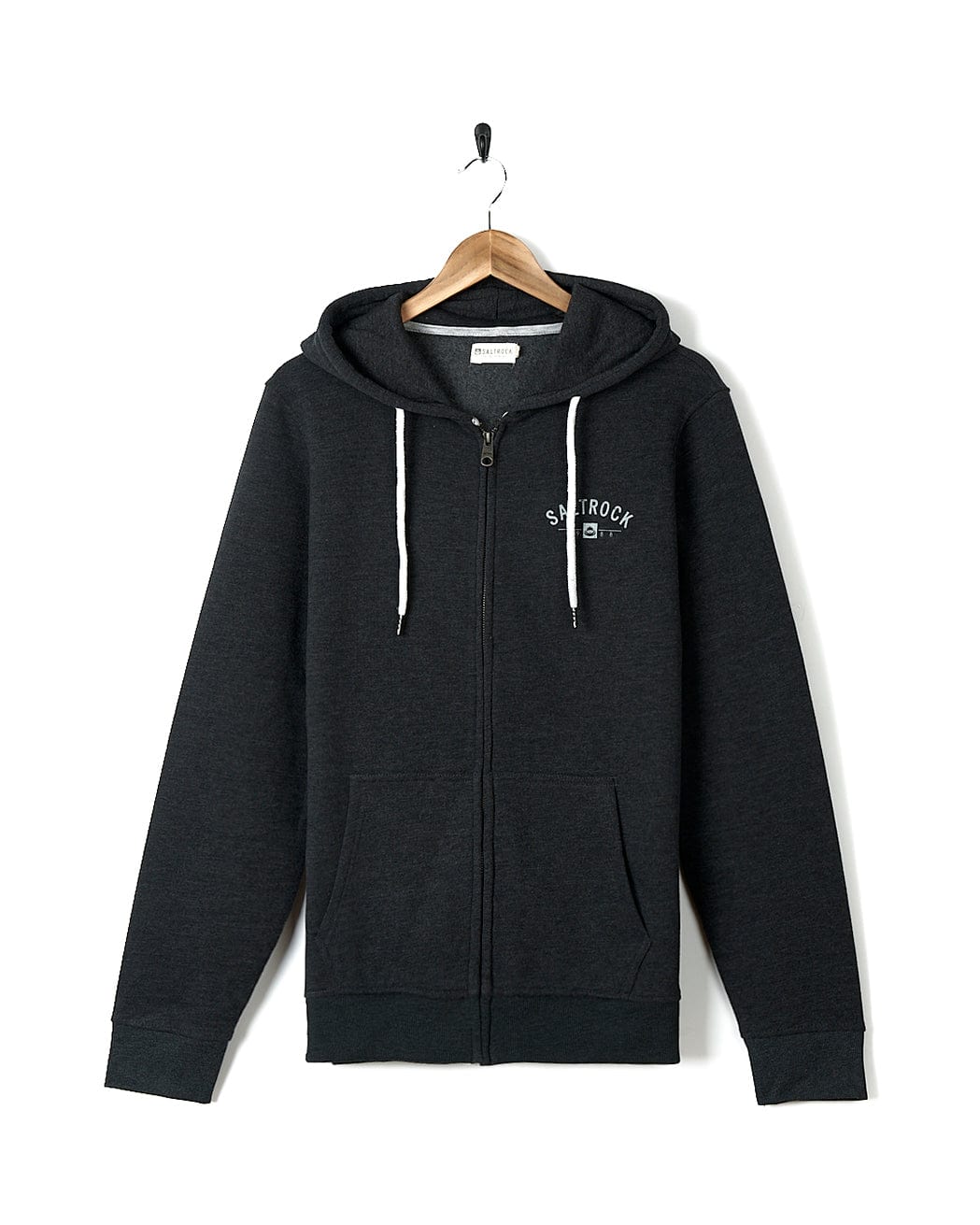 A Saltrock Location Zip Hoodie - Poole - Dark Grey with a white logo on it.