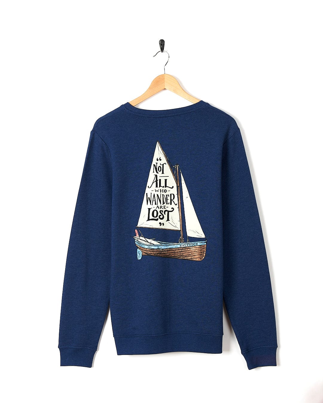 A Lost Ships - Mens Crew Sweat - Dark Blue with a sailboat on it.