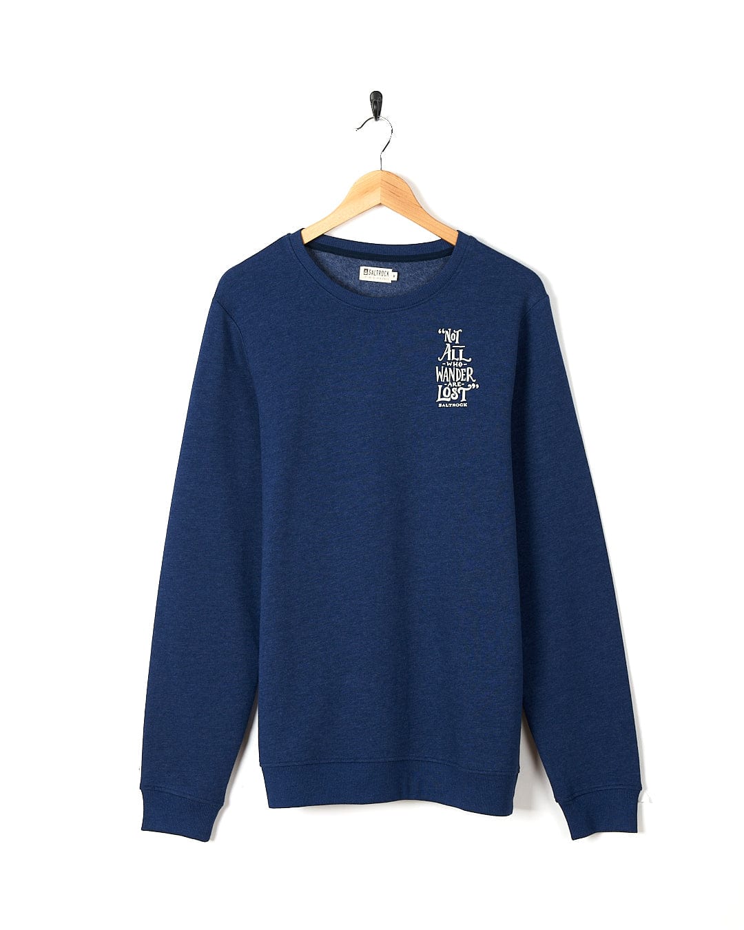 A Lost Ships - Mens Crew Sweat - Dark Blue sweatshirt with a Saltrock embroidered logo on it.