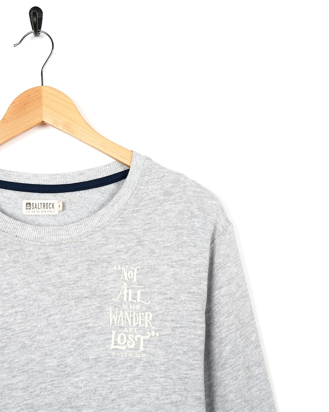 A Lost Ships - Mens Crew Sweat - Grey sweatshirt with the words 'we all wander lost' embroidered on it. (Brand: Saltrock)