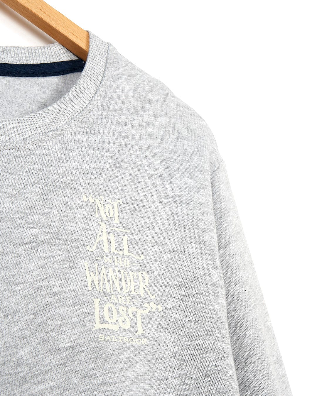 A Lost Ships - Mens Crew Sweat - Grey sweatshirt with the words 'not all the wanderer lost' embroidered on it by Saltrock.