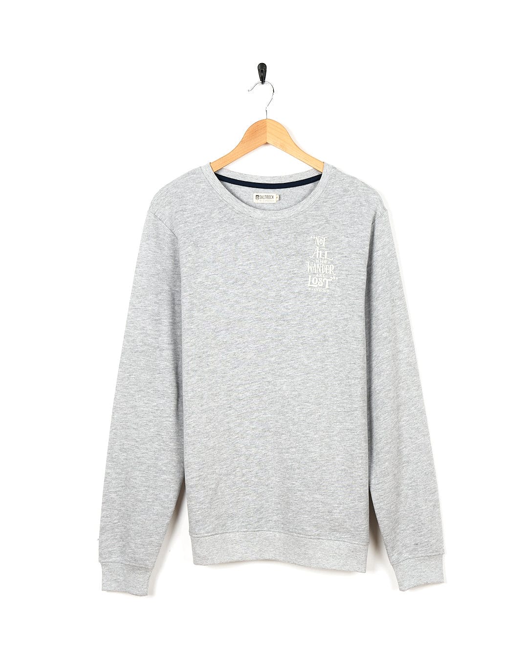 A Saltrock Lost Ships - Mens Crew Sweat - Grey sweatshirt hanging on a wooden hanger.