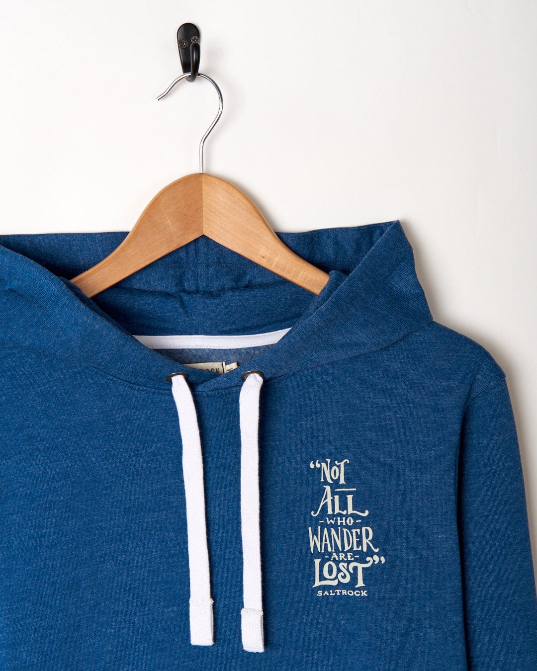 A Lost Ships - Mens Pop Hoodie - Blue Marl with a white quote on it, featuring a draw cord hood for added warmth and style by Saltrock.