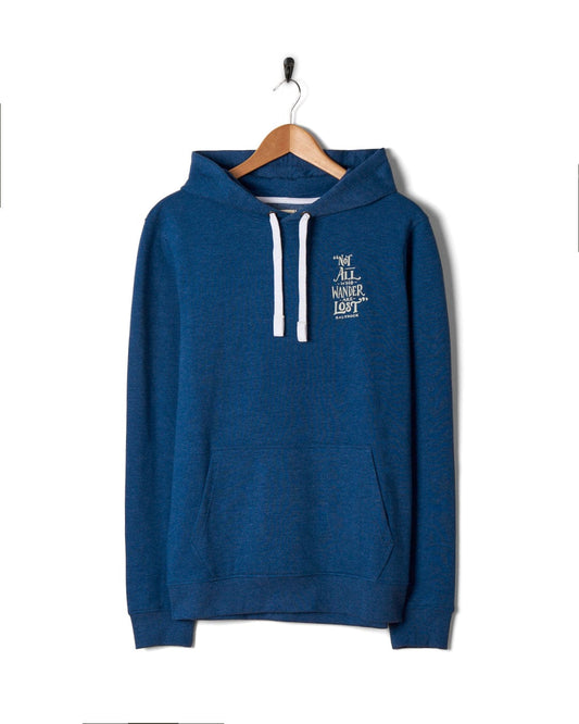 A Lost Ships - Mens Pop Hoodie - Blue Marl pullover hoodie with a draw cord hood and white logo on it.