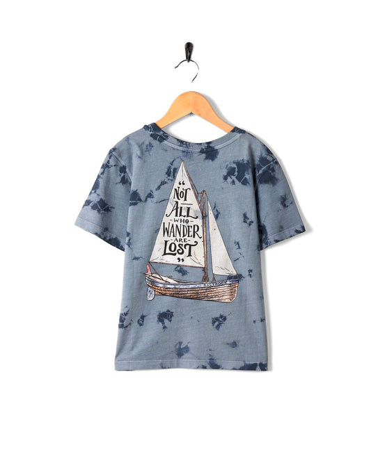 A Lost Ships - Kids Short Sleeve T-Shirt - Blue Tie Dye with a sailboat, made of 100% cotton by Saltrock.