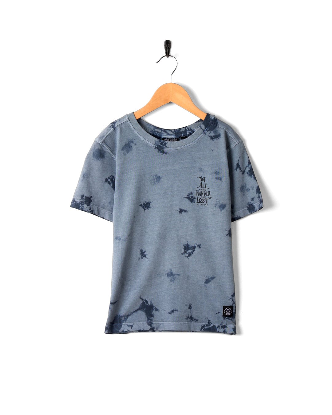 A Lost Ships - Kids Short Sleeve T-Shirt - Blue Tie Dye with Saltrock branding hanging on a wooden hanger.